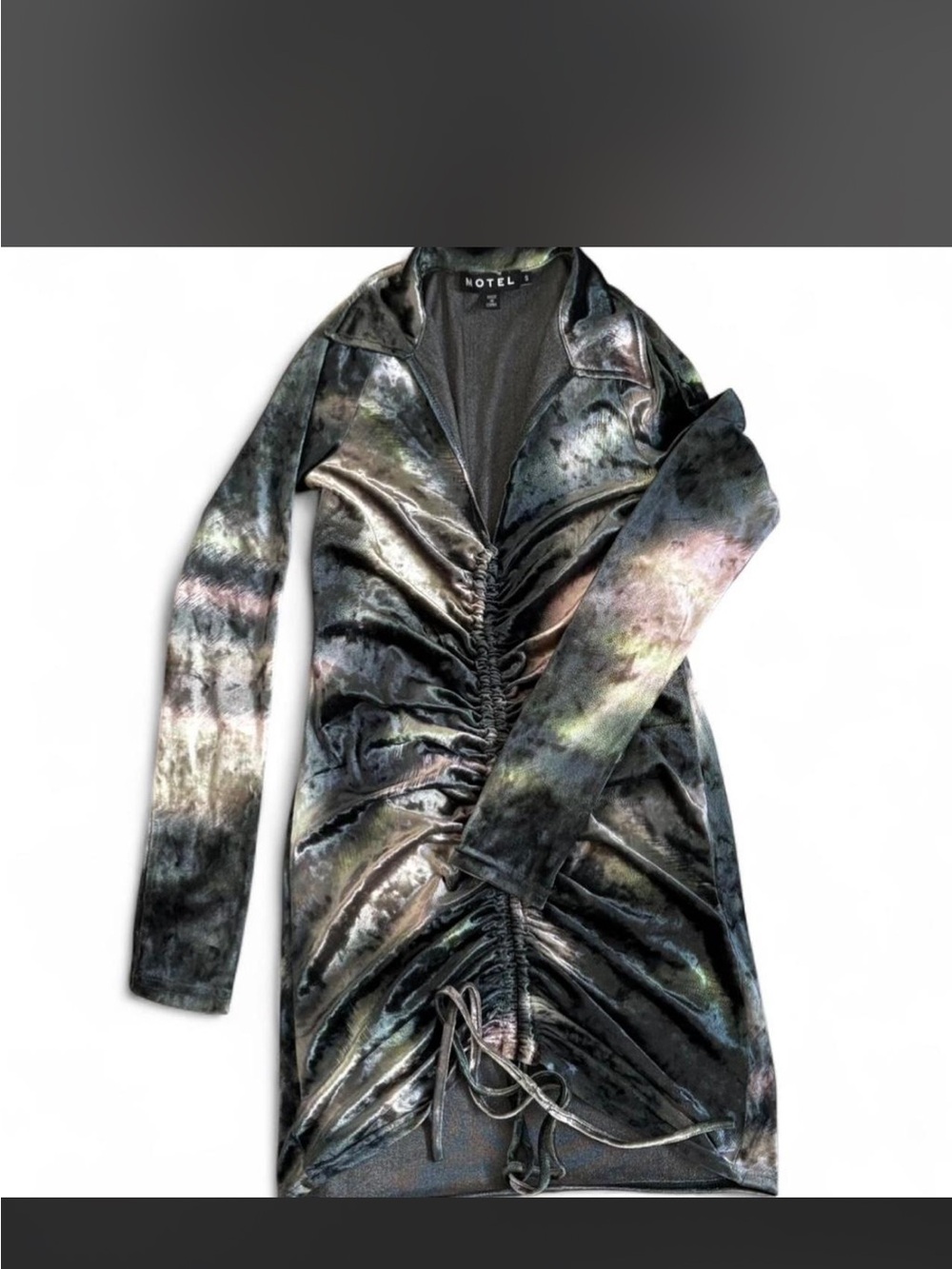 Motel Rocks Multi-Color Marble Velvet Long Sleeve Ruched Dress - Picture 2 of 5